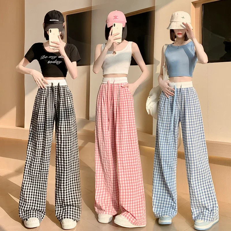 2025 Summer Thin High - waisted Retro Plaid Wide - leg Pants