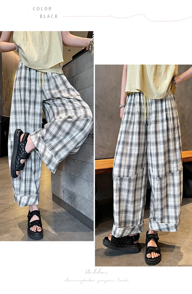 Ladies' Summer Retro Plaid Loose Pants Detail