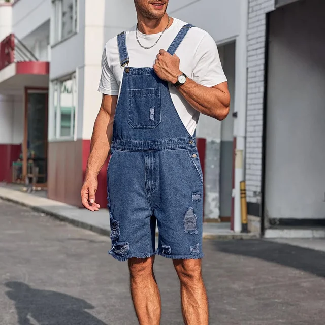 TEMU Big Size Ripped Men's Denim Bib Shorts Detail