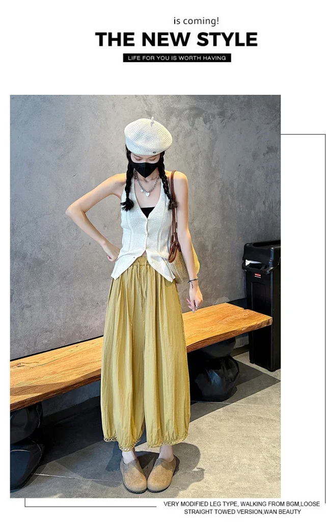 2025 Summer Ice Silk Lace Cropped Pants for Petite Women Detail