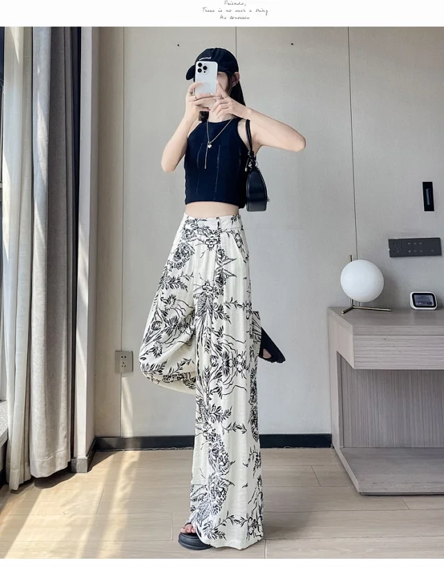 Vintage Floral Linen Wide-Leg Pants Detail