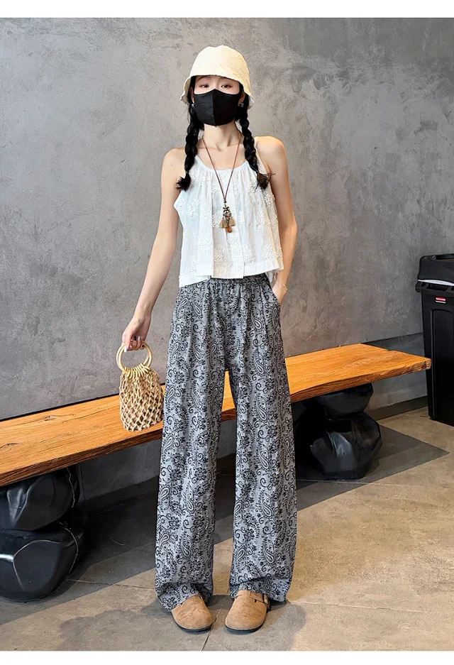 Linen Jacquard Wide-Leg Pants for Women Detail
