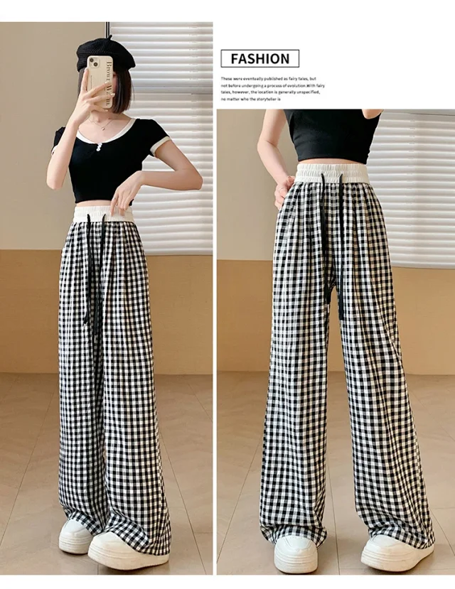 2025 Summer Thin High - waisted Retro Plaid Wide - leg Pants Detail