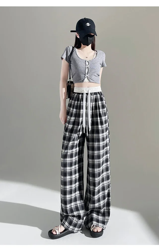 2025 Summer Ice Silk Checkered Pants for Women Detail