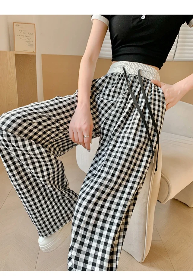 2025 Summer Thin High - waisted Retro Plaid Wide - leg Pants Detail