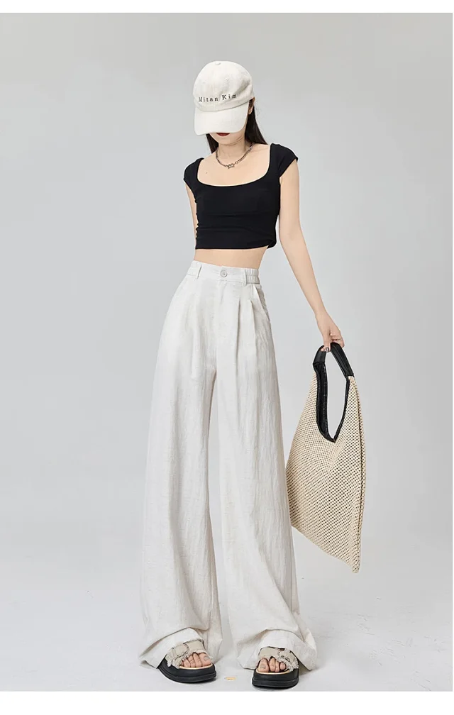 Women's White Linen Wide-Leg Pants Detail