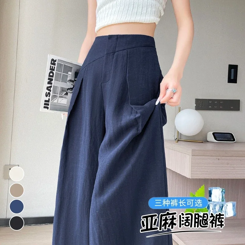Navy Linen Wide-leg Pants