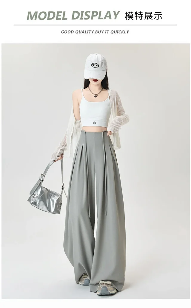 French High-Waist Drawstring Wide-Leg Pants 2025 Summer New Detail
