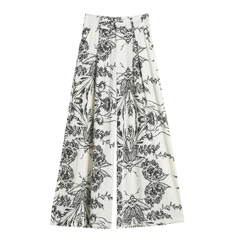Vintage Floral Linen Wide-Leg Pants