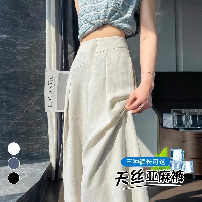Navy Linen Wide-leg Pants