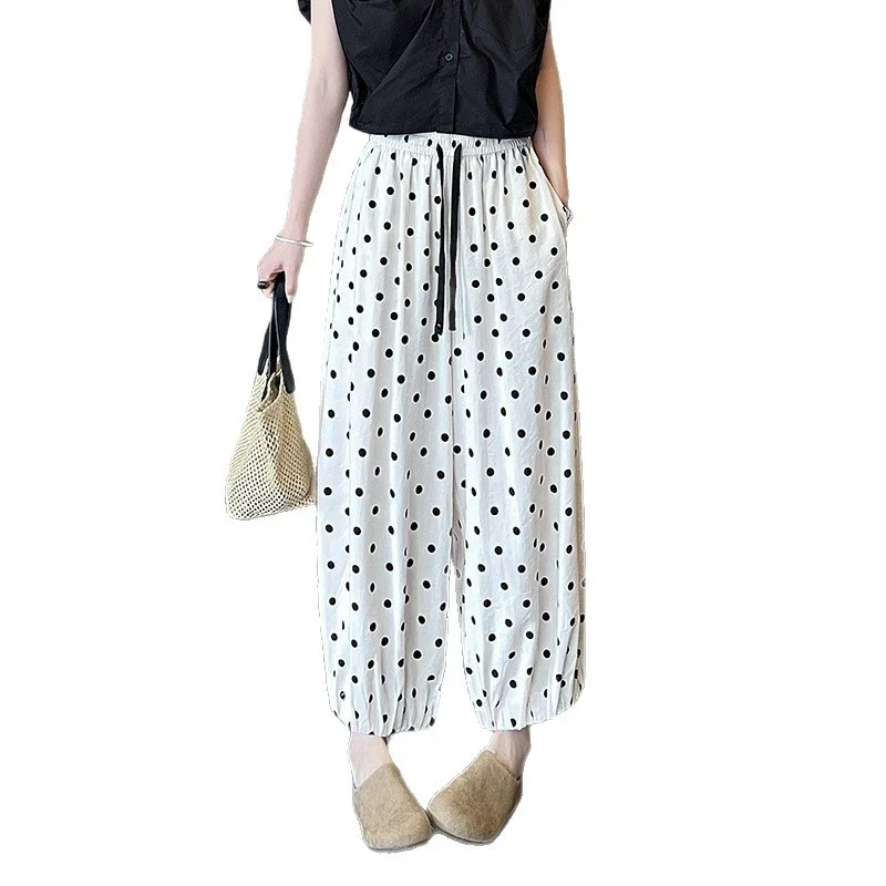 Women's Summer Ice Silk Polka Dot Cotton-Linen Pants