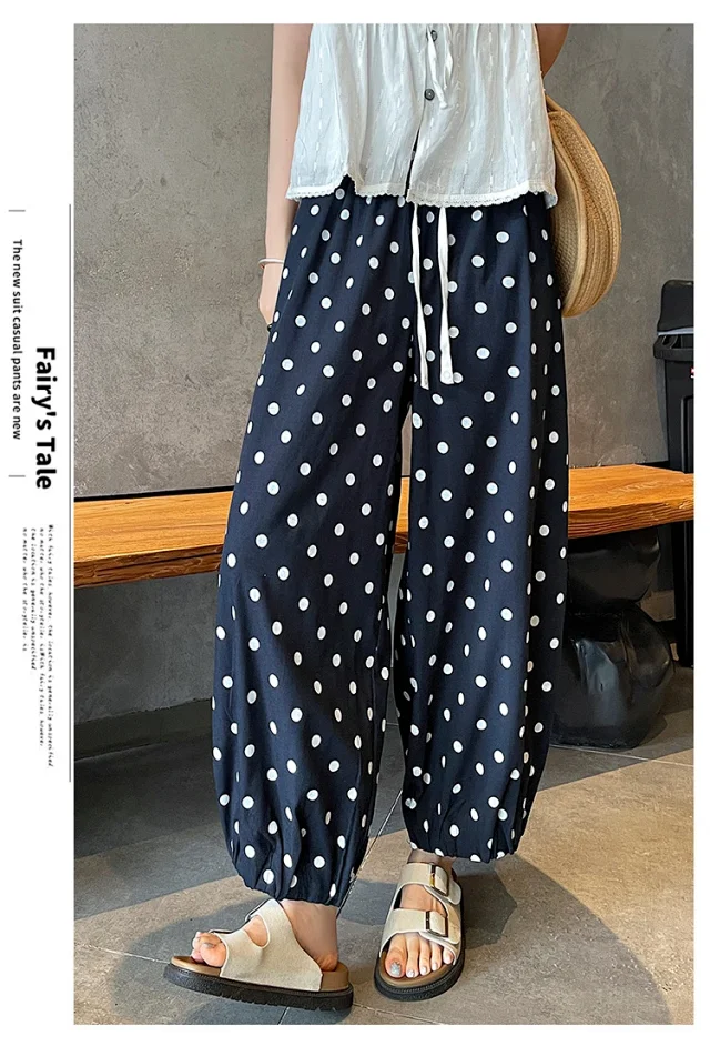 Women's Summer Ice Silk Polka Dot Cotton-Linen Pants Detail