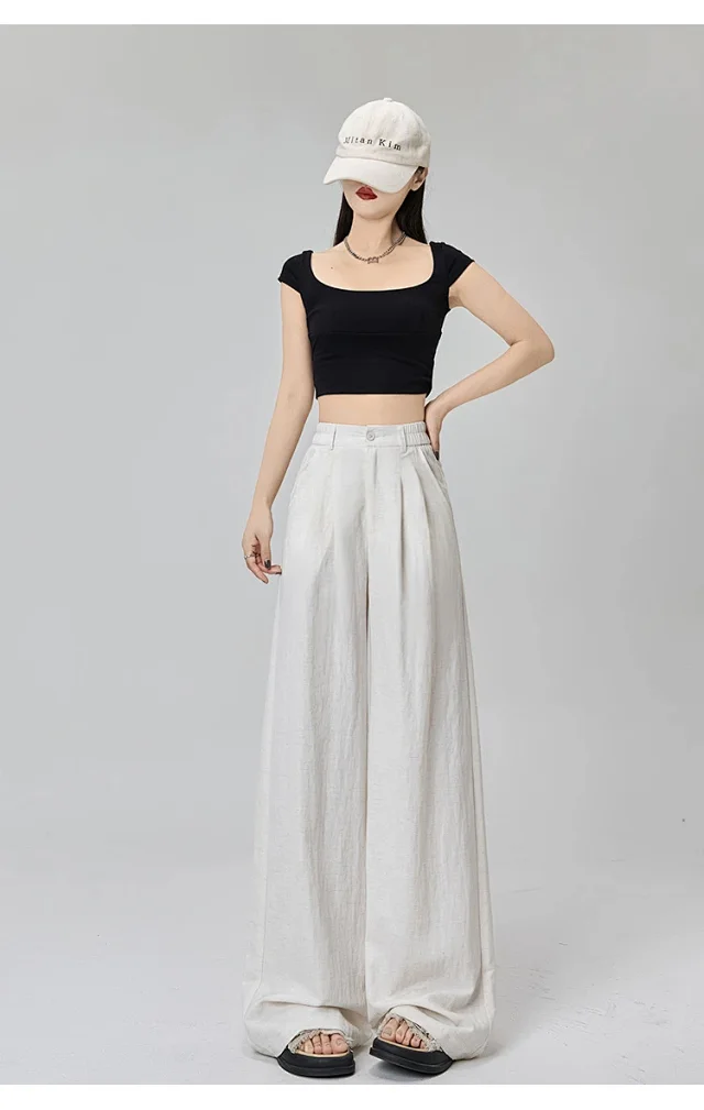 Women's White Linen Wide-Leg Pants Detail