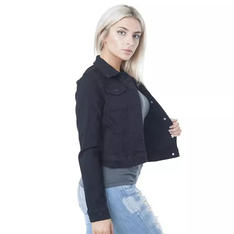 European Sourced Spring Autumn Women's Slim Fit Collarless Solid Single - Breasted Street Style Short Denim Jacket