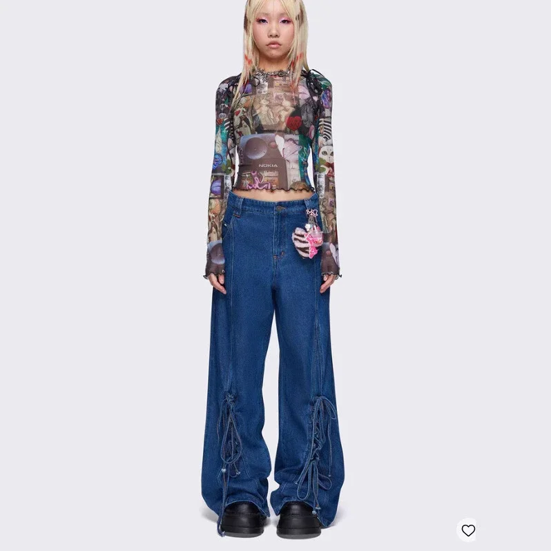 Women's Retro Tie-Decorated Wide-Leg Denim Pants