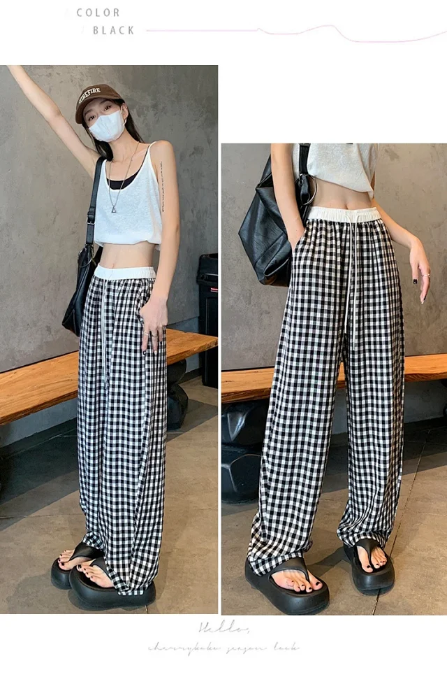 2025 Pink Plaid Wide-Leg Pants for Women Detail
