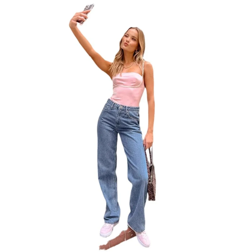 High-Waist Bowknot Straight Jeans for Women