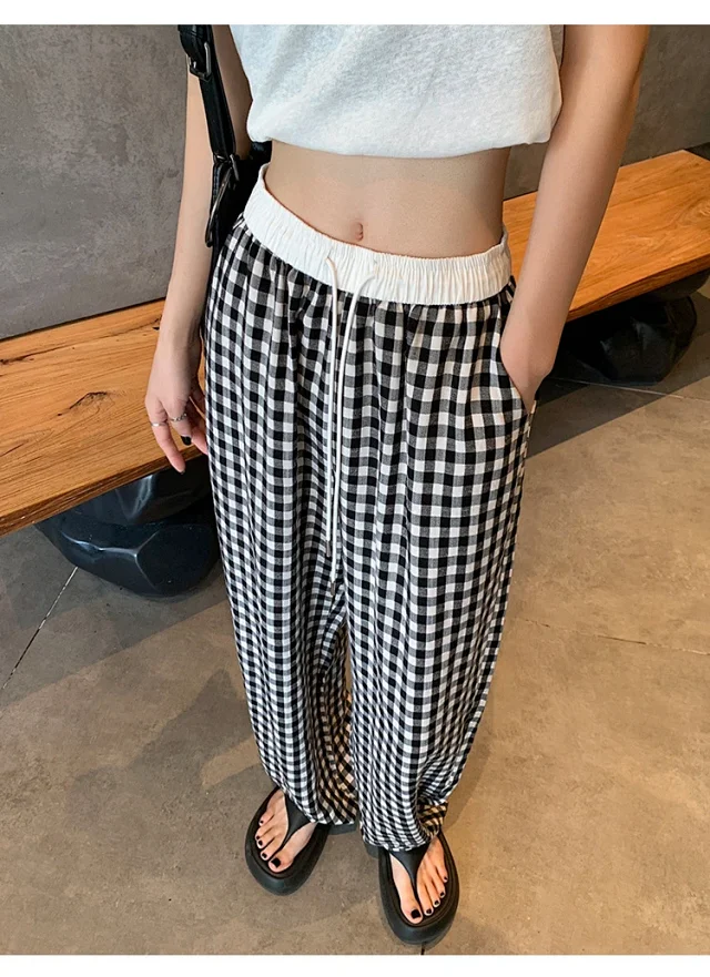 2025 Pink Plaid Wide-Leg Pants for Women Detail