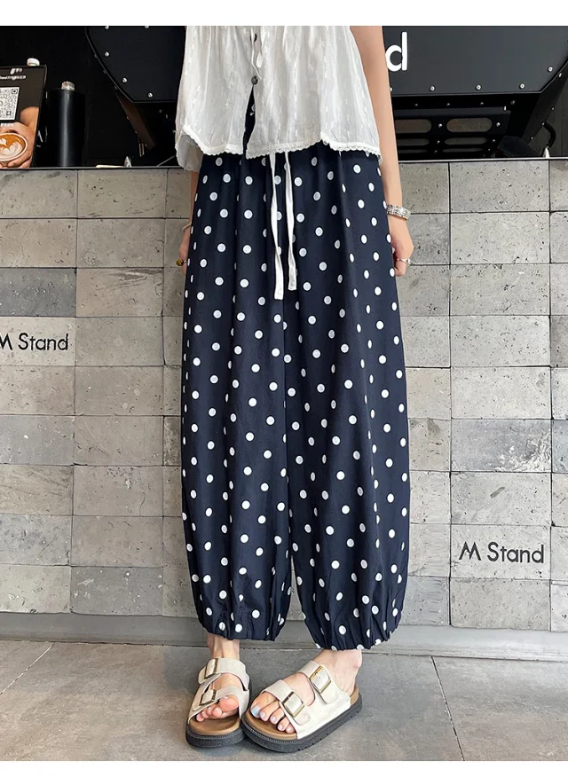 Women's Summer Ice Silk Polka Dot Cotton-Linen Pants Detail