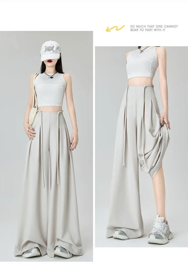 French High-Waist Drawstring Wide-Leg Pants 2025 Summer New Detail