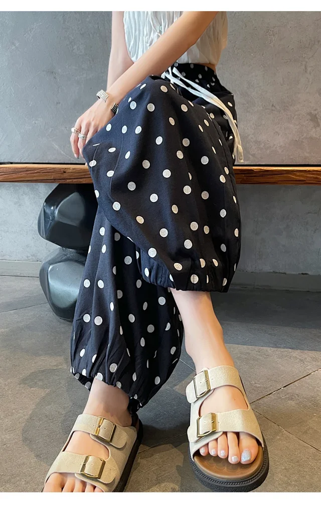 Women's Summer Ice Silk Polka Dot Cotton-Linen Pants Detail