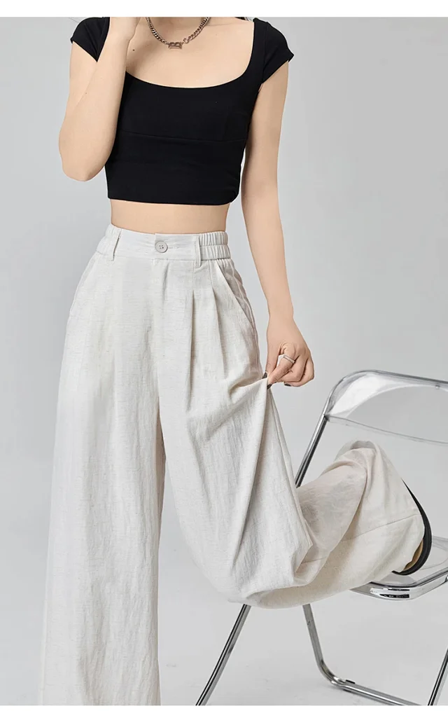 Women's White Linen Wide-Leg Pants Detail