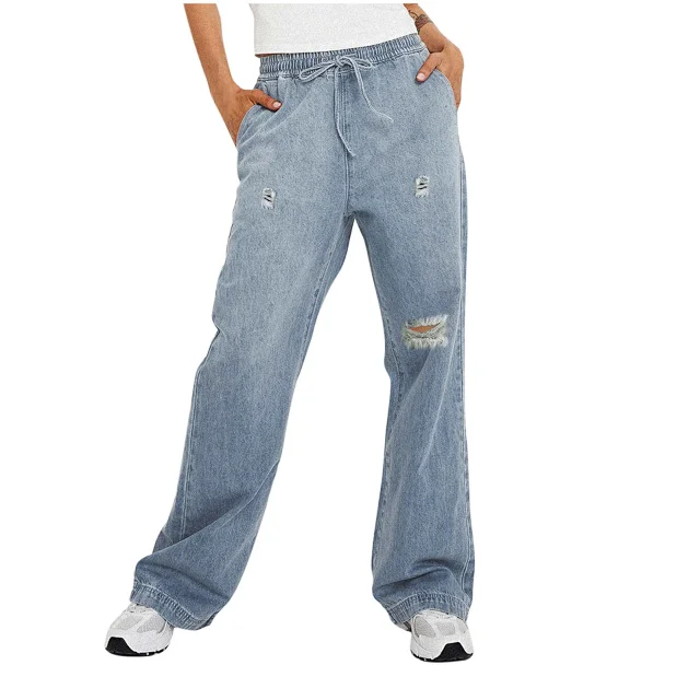 TEMU Women's Slim Fit Elastic Waist Jeans with Rips Detail