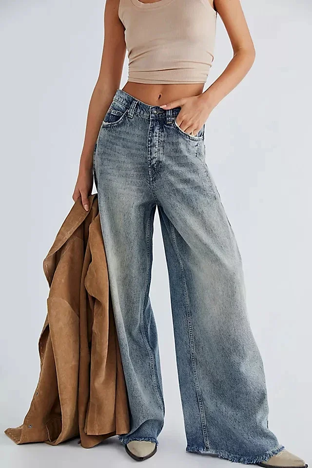 Vintage High-waisted Wide-leg Denim Pants Detail
