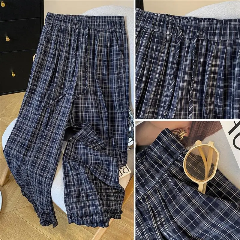 Vintage Waist Tie Plaid Wide-Leg Pants