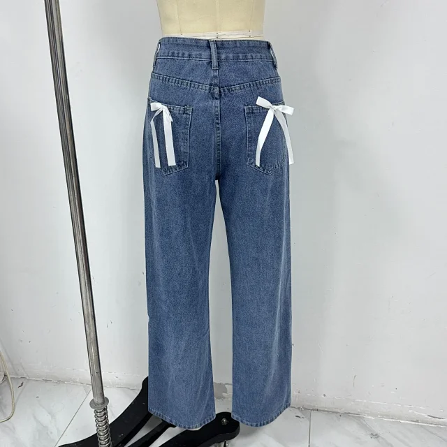 High-Waist Bowknot Straight Jeans for Women Detail