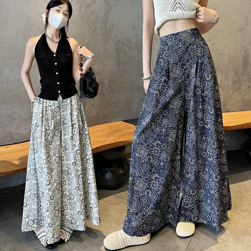 2025 Summer Women's French Retro Print A-line Wide-leg Capris