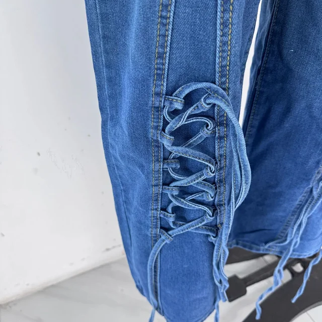 Women's Retro Tie-Decorated Wide-Leg Denim Pants Detail