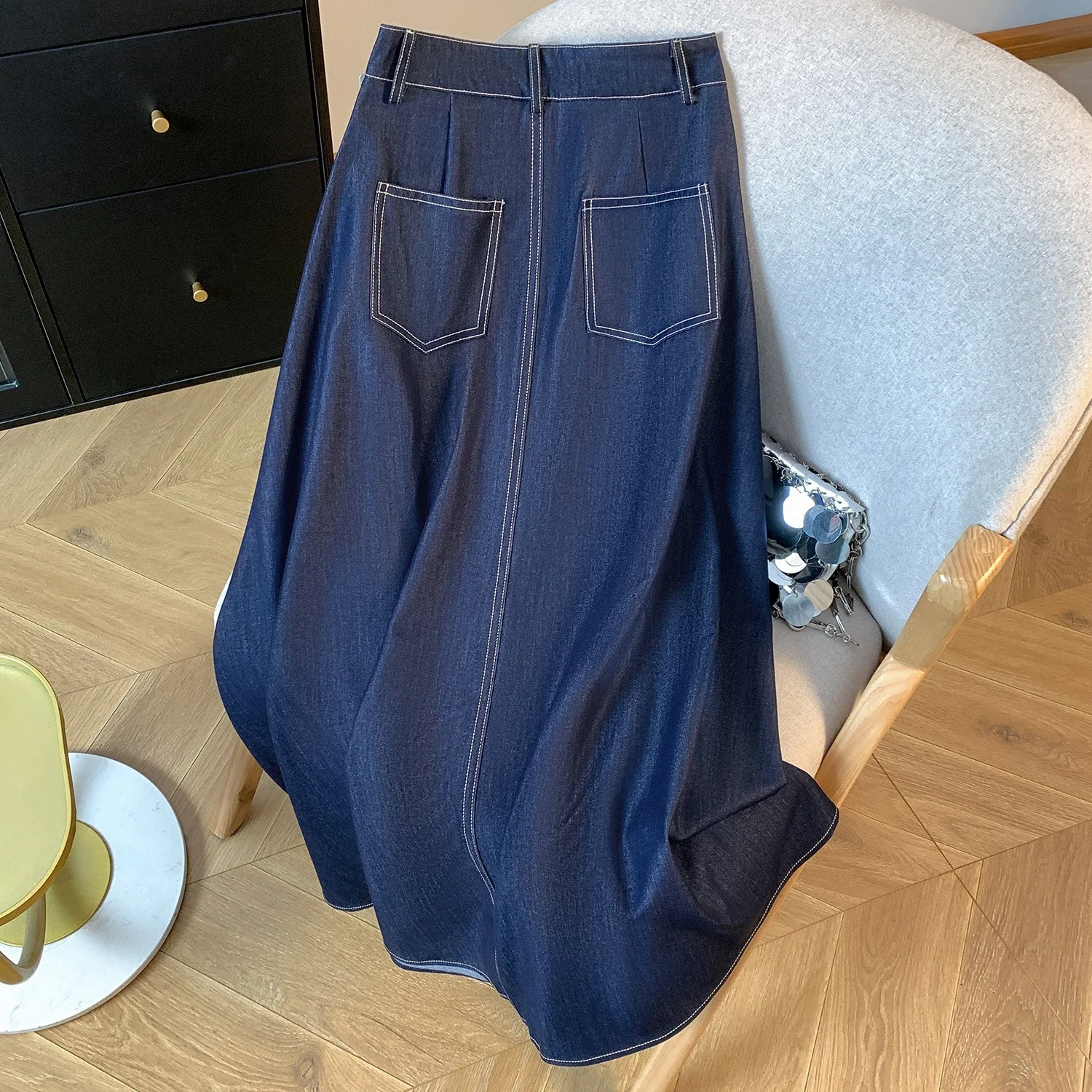 Denim Blue 2025 Tencel Denim Midi A-Line Skirt