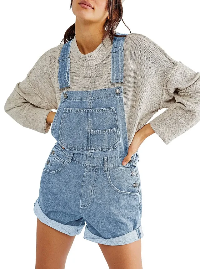 Loose Multi - Pocket Bib Jeans for Women (European & American) Detail