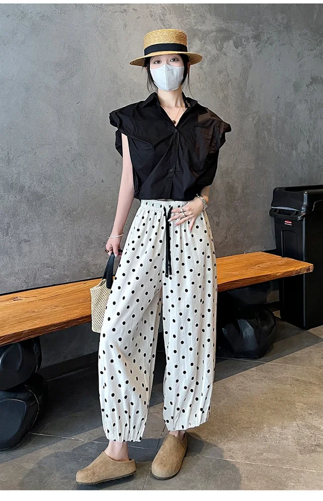 Women's Summer Ice Silk Polka Dot Cotton-Linen Pants Detail