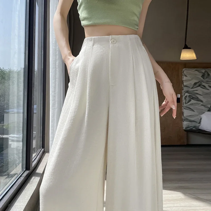 2025 Summer Women's Ice Silk Linen Wide-Leg Pants