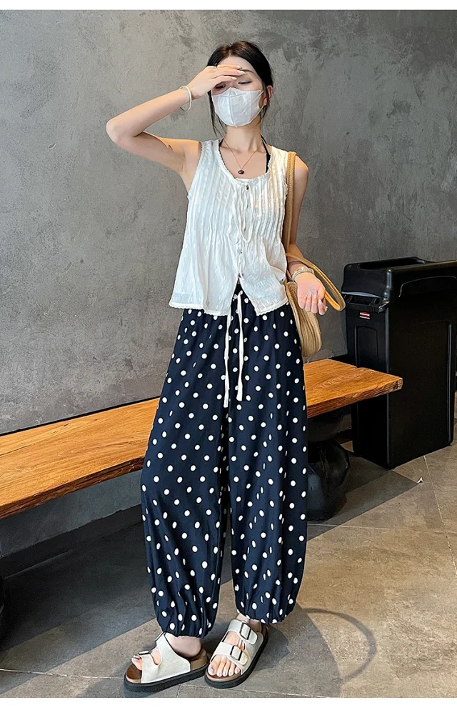 Women's Summer Ice Silk Polka Dot Cotton-Linen Pants Detail