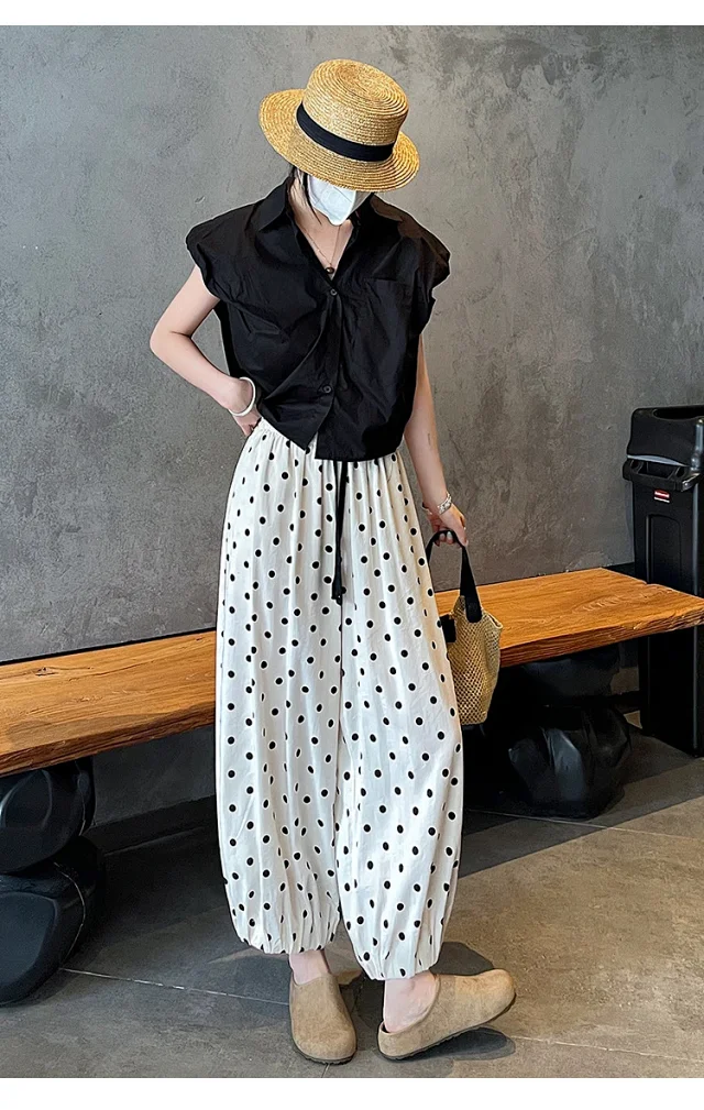 Women's Summer Ice Silk Polka Dot Cotton-Linen Pants Detail