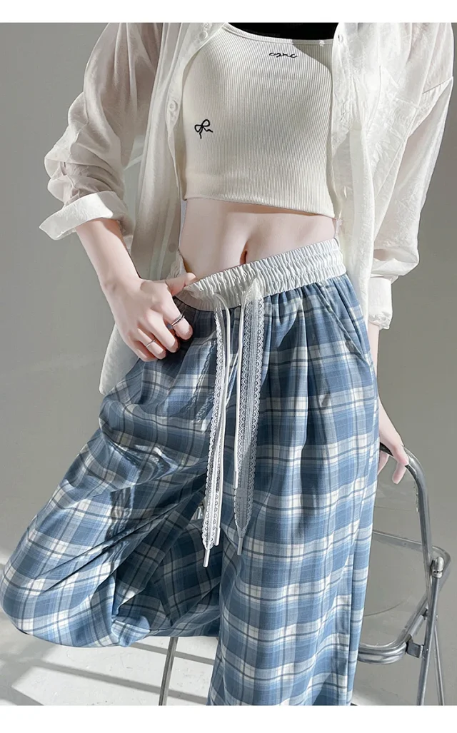 2025 Summer Ice Silk Checkered Pants for Women Detail