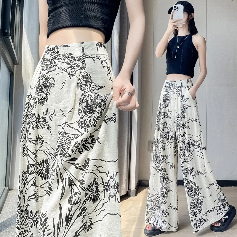 Vintage Floral Linen Wide-Leg Pants