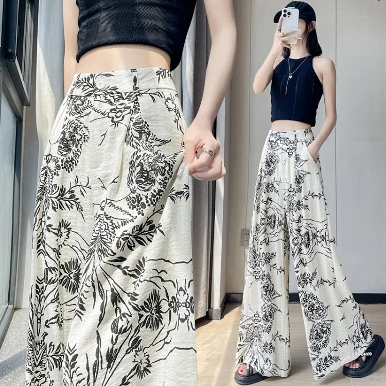 Vintage Floral Linen Wide-Leg Pants