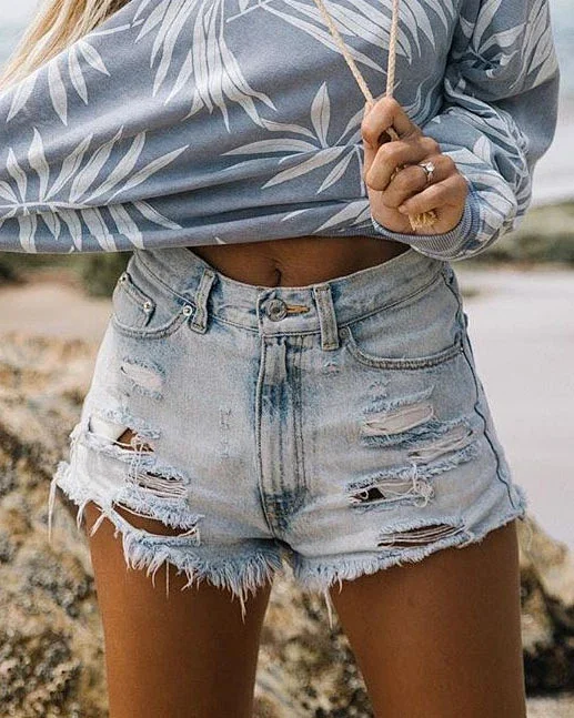 YI3016 High-waist Ripped Fringe Denim Shorts (Shipped) Detail
