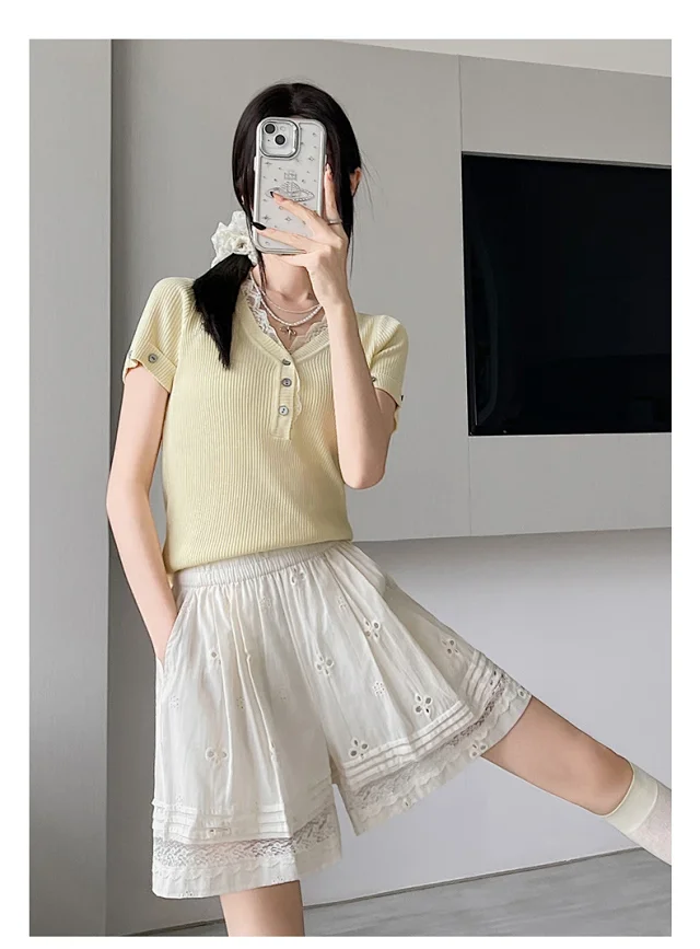 Korean Lace Patchwork Hollow Wide - leg Pants Detail