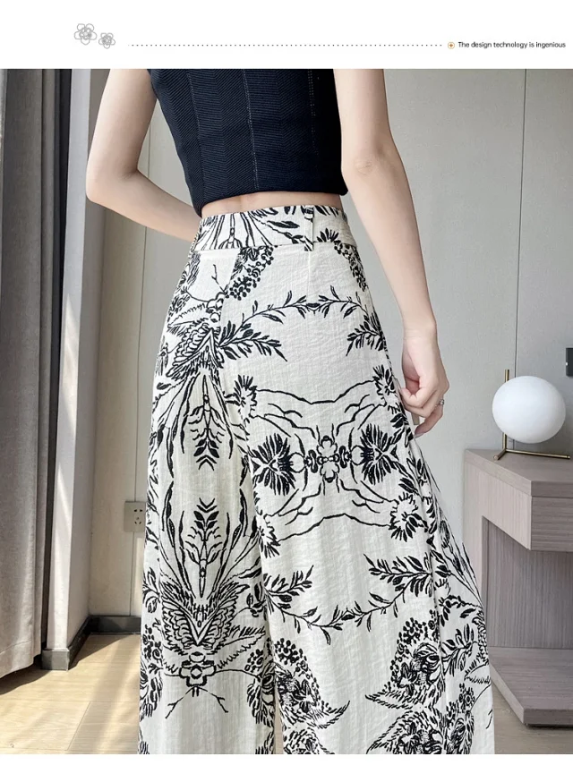 Vintage Floral Linen Wide-Leg Pants Detail