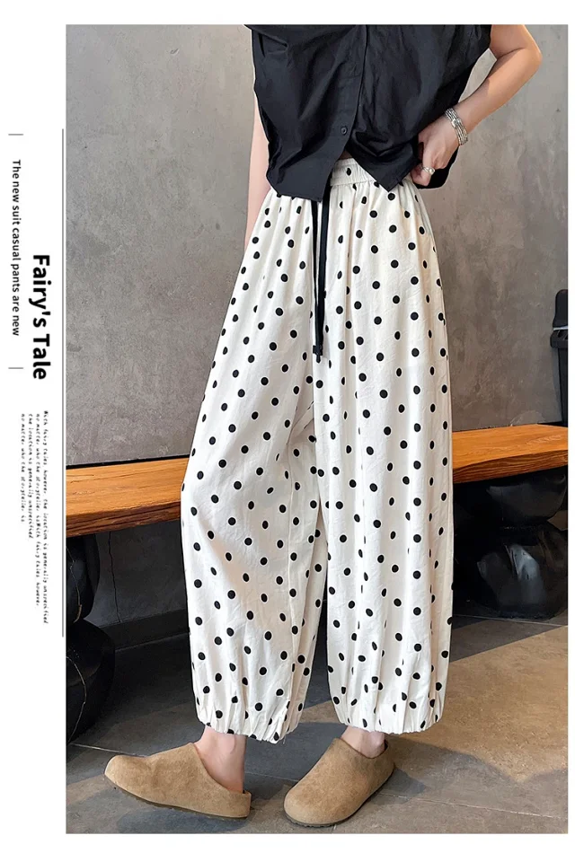 Women's Summer Ice Silk Polka Dot Cotton-Linen Pants Detail