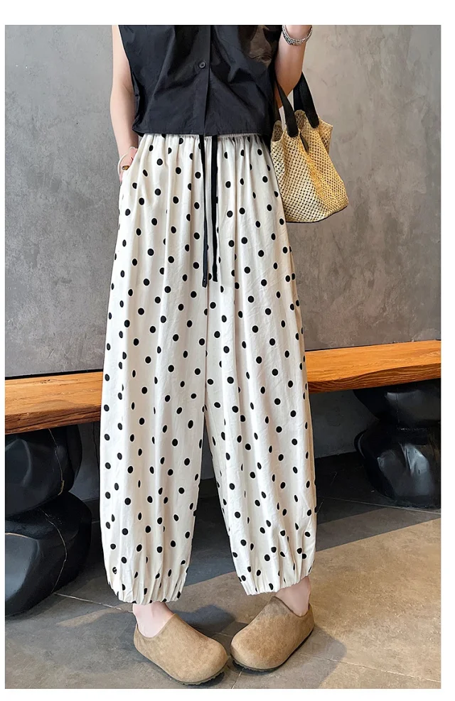 Women's Summer Ice Silk Polka Dot Cotton-Linen Pants Detail