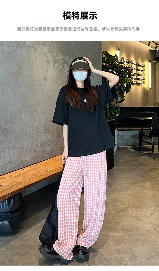 2025 Pink Plaid Wide-Leg Pants for Women Detail