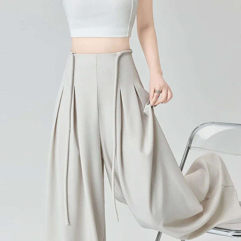 French High-Waist Drawstring Wide-Leg Pants 2025 Summer New