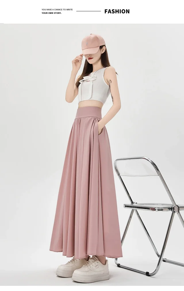Pink Slimming High-waist A-line Skirt Detail