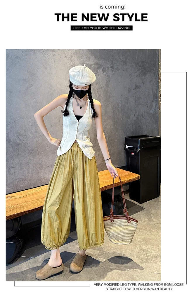 2025 Summer Ice Silk Lace Cropped Pants for Petite Women Detail